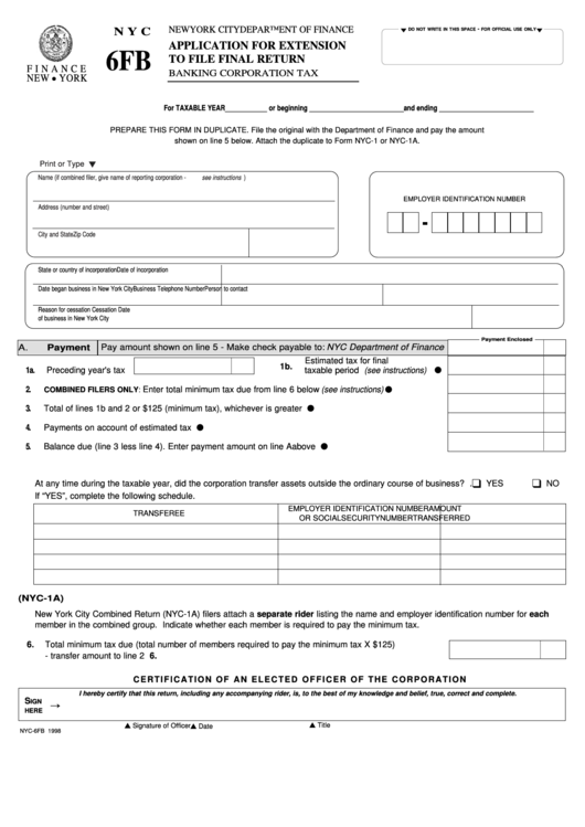 Fillable Form 6fb - Application For Extension To File Final Return Printable pdf