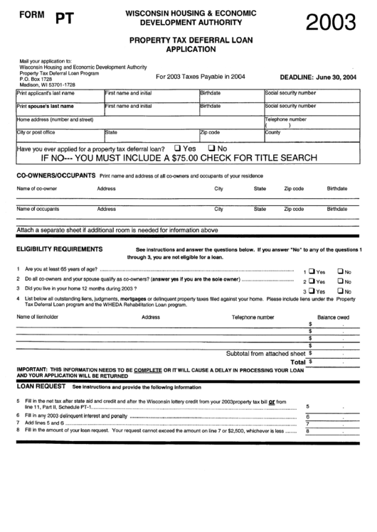 Form Pt - Property Tax Deferral Loan Application - 2003 Printable pdf