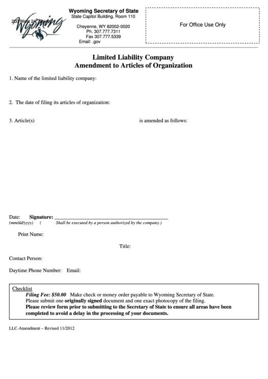 Fillable Form Llc - Limited Liability Company Amendment To Articles Of Organization - Wyoming Secretary Of State Printable pdf