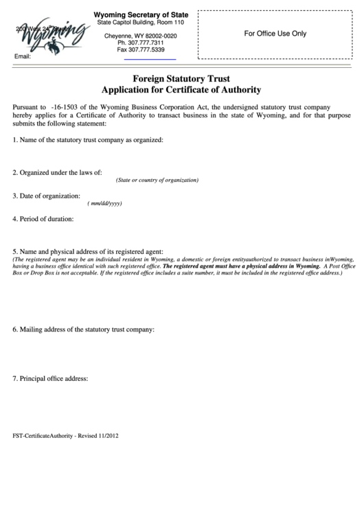 Fillable Foreign Statutory Trust Application For Certificate Of Authority - Wyoming Secretary Of State Printable pdf
