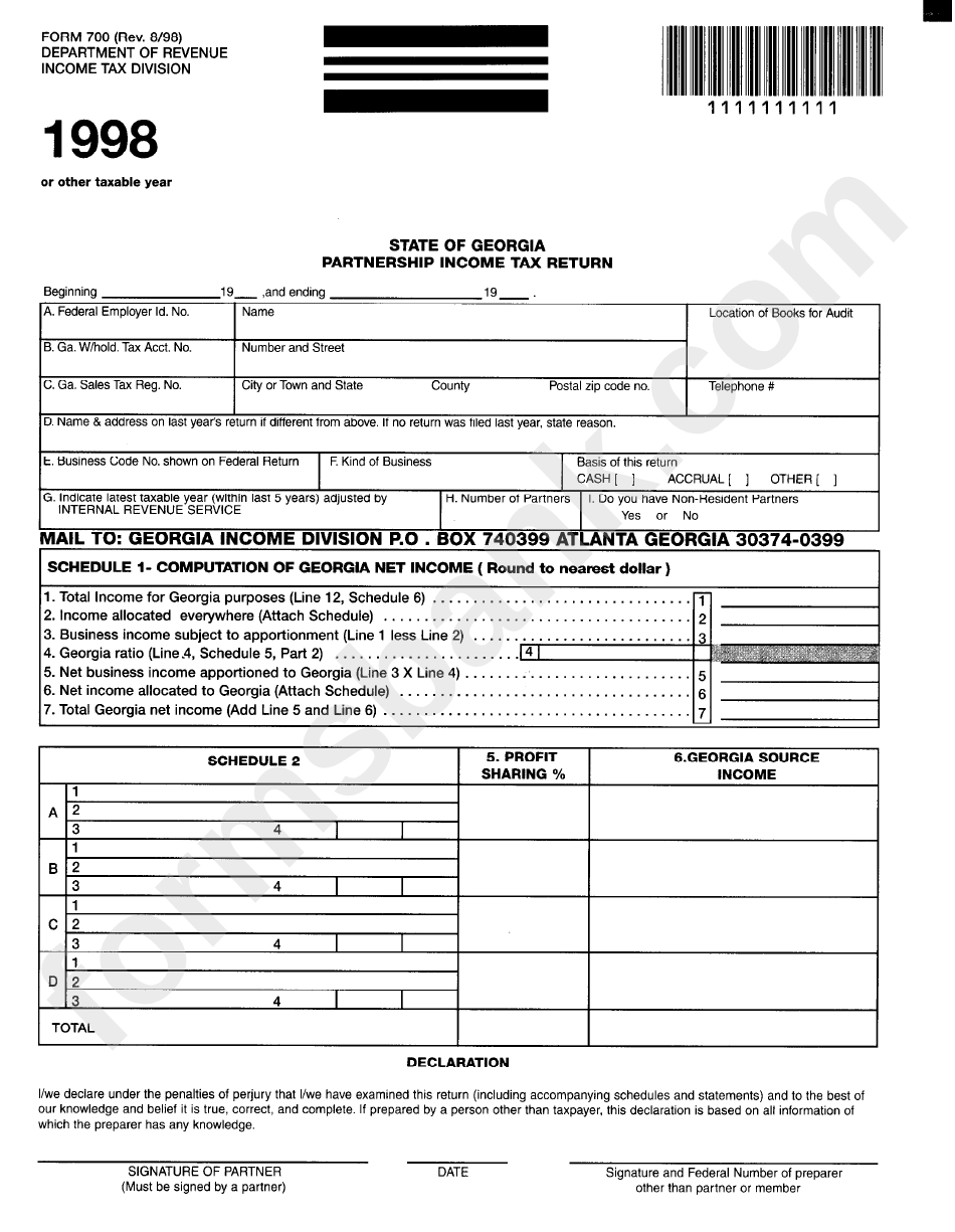 Form 700 - State Of Georgia Partnership Income Tax Return (1998)