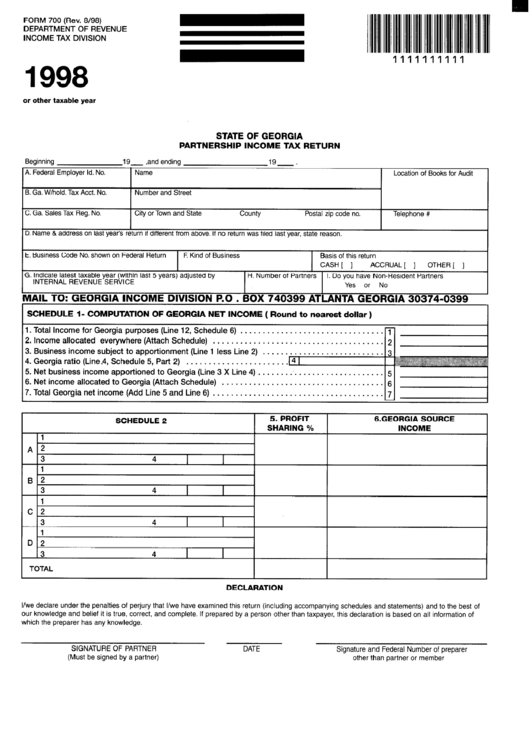 Form 700 - State Of Georgia Partnership Income Tax Return (1998) Printable pdf