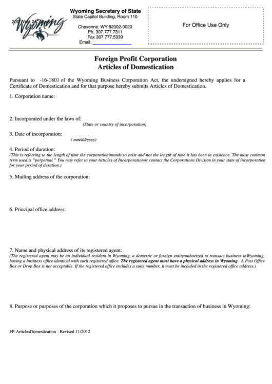 Fillable Foreign Profit Corporation Articles Of Domestication Form - Wyoming Secretary Of State - 2012 Printable pdf