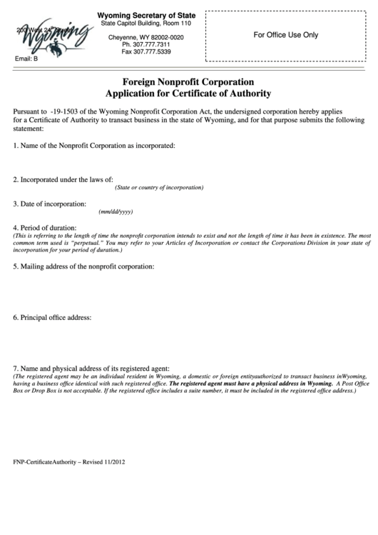 Fillable Foreign Nonprofit Corporation Application For Certificate Of Authority - Wyoming Secretary Of State Printable pdf