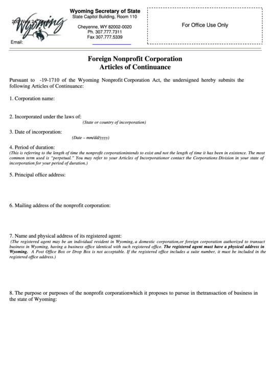 Fillable Foreign Nonprofit Corporation Articles Of Continuance - Wyoming Secretary Of State Printable pdf