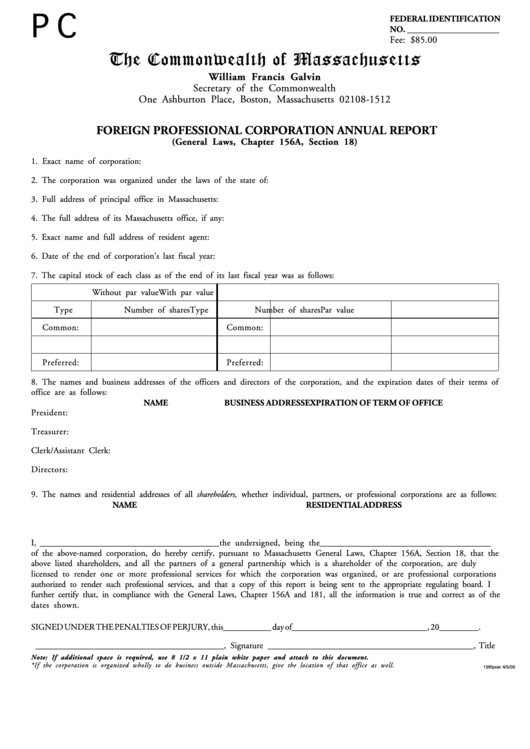 Form Pc - Foreign Professional Corporation Annual Report - 2000 Printable pdf