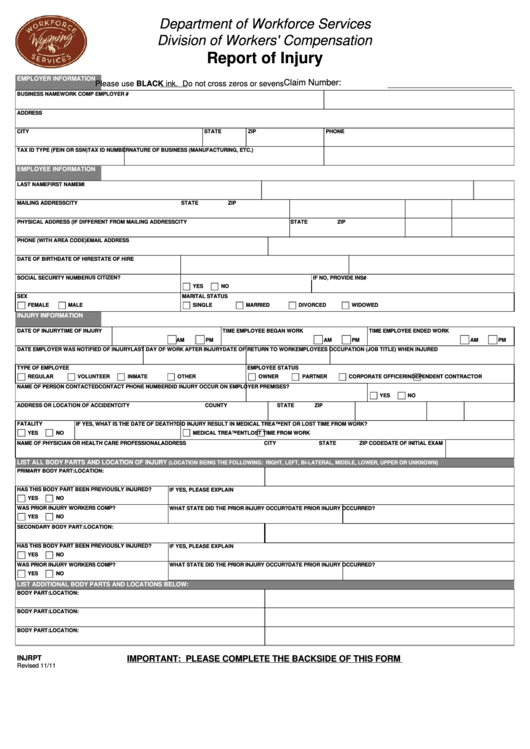 Form Injrpt - Report Of Injury - Department Of Workforce Services Printable pdf