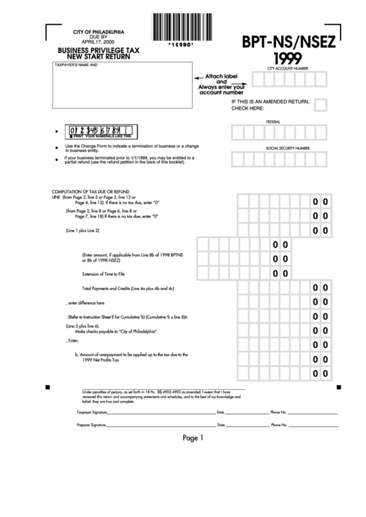 Form Bpt-Ns/nsez - Business Privilege Tax New Start Return - 1999 Printable pdf