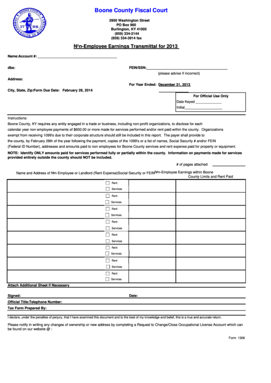 Form 1306 - Non-Employee Earnings Transmittal For 2013 Printable pdf
