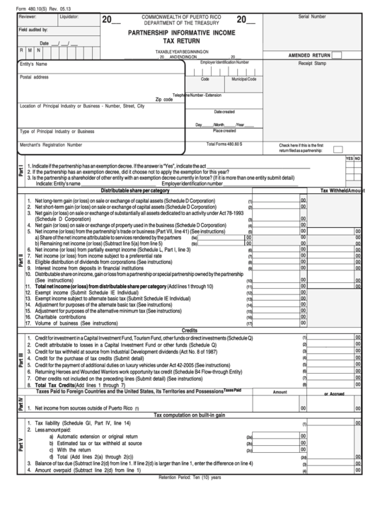 Form 480.10(S) - Partnership Informative Income Tax Return Printable pdf