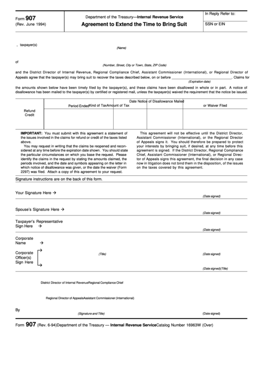 Form 907 - Agreement To Extend The Time To Bring Suit Printable pdf