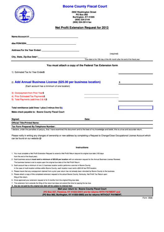 Form 0506 - Net Profit Extension Request3 - Boone County Fiscal Court - 2013 Printable pdf