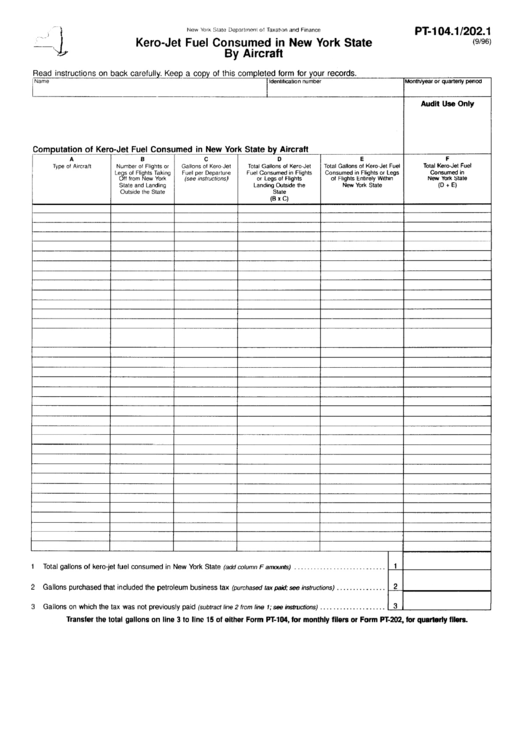 Form Pt-104.1/202.1 - Kero-Jet Fuel Consumed In New York State By Aircraft September 1996 Printable pdf