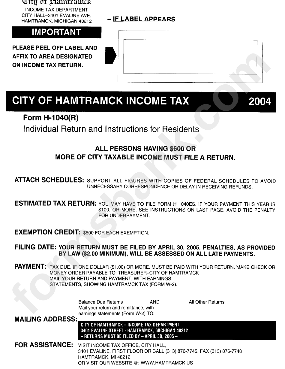 Instructions For Form H-1040(R) - City Of Hamtramck Income Tax