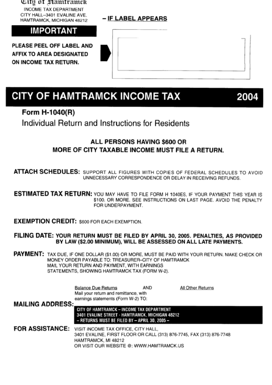 Instructions For Form H-1040(R) - City Of Hamtramck Income Tax Printable pdf