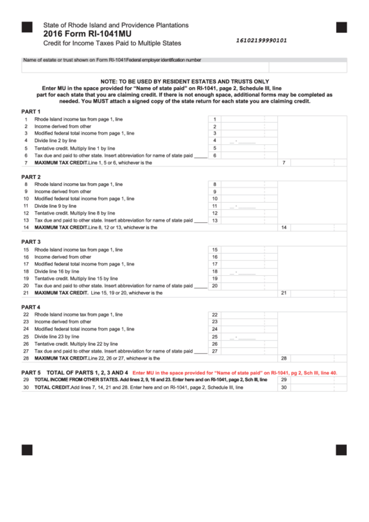 Fillable Form Ri-1041mu - Credit For Income Taxes Paid To Multiple States - 2016 Printable pdf