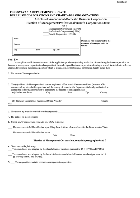 Fillable Articles Of Amendment-Domestic Business Corporation Election Of Management/professional/benefit Corporation Status - Pennsylvania Department Of State Printable pdf