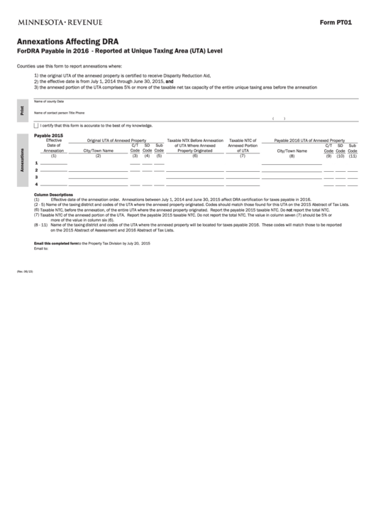 Fillable Form Pt01 - Annexations Affecting Dra For Dra Payable In 2016 Printable pdf