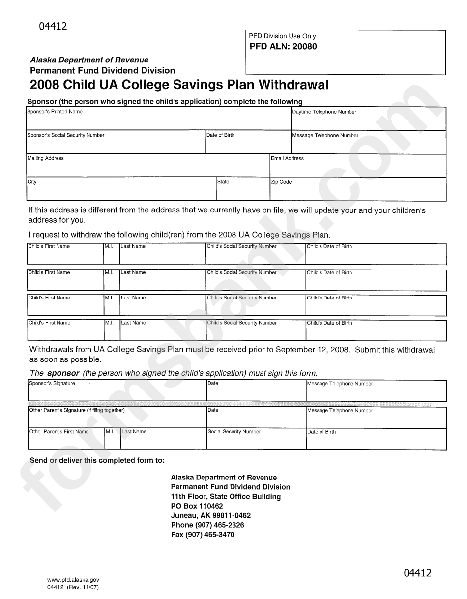 Form 04412 Child Ua College Savings Plan Withdrawal 2008 printable pdf download