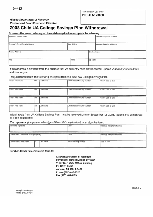 Form 04412 - Child Ua College Savings Plan Withdrawal - 2008 Printable pdf