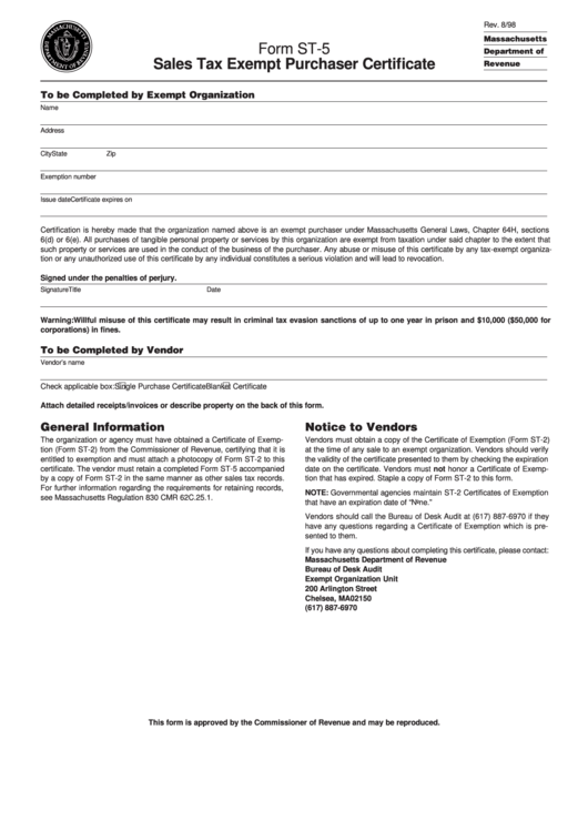 Form St-5 - Sales Tax Exempt Purchaser Certificate - Massachusetts Department Of Revenue Printable pdf