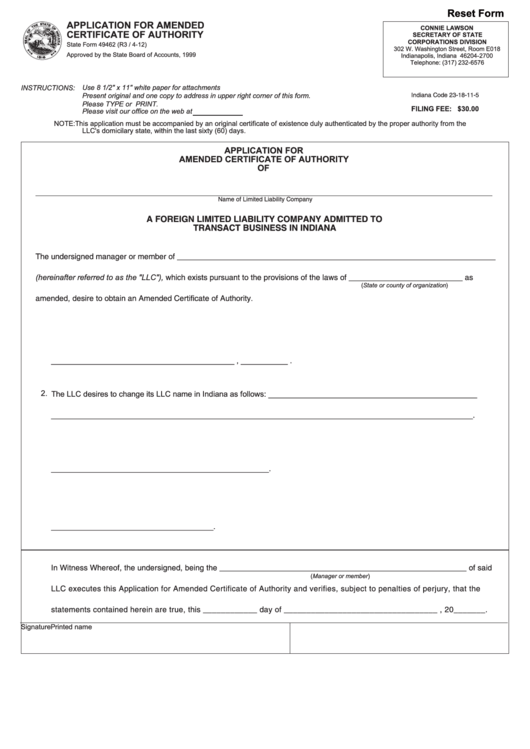 Fillable State Form 49462 - Application For Amended Certificate Of Authority Printable pdf