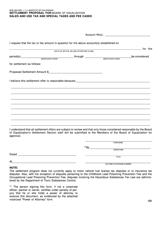 Form Boe-393 - Settlement Proposal For Sales And Use Tax And Special Taxes And Fee Cases Printable pdf