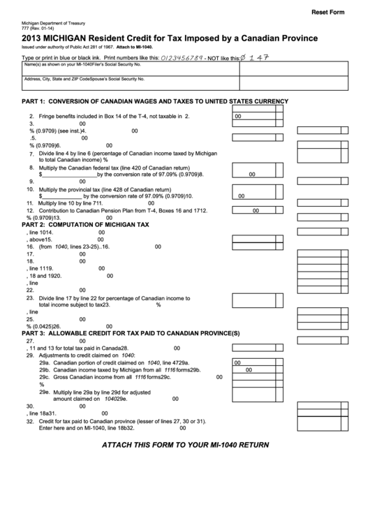 Fillable Form 777 - Michigan Resident Credit For Tax Imposed By A Canadian Province - 2013 Printable pdf