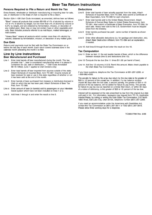 Beer Tax Return Instructions For Form Tc386i - 1996 Printable pdf