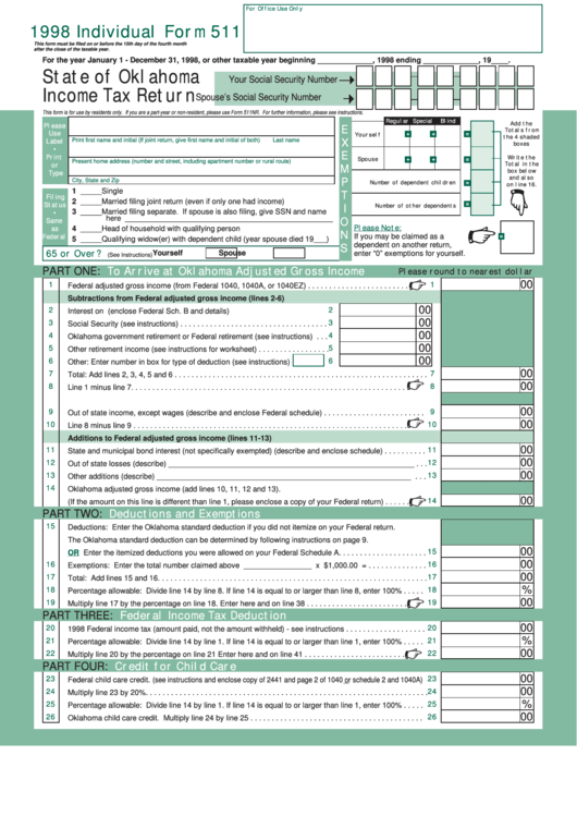 Form 511 - Income Tax Return - State Of Oklahoma - 1998 Printable pdf