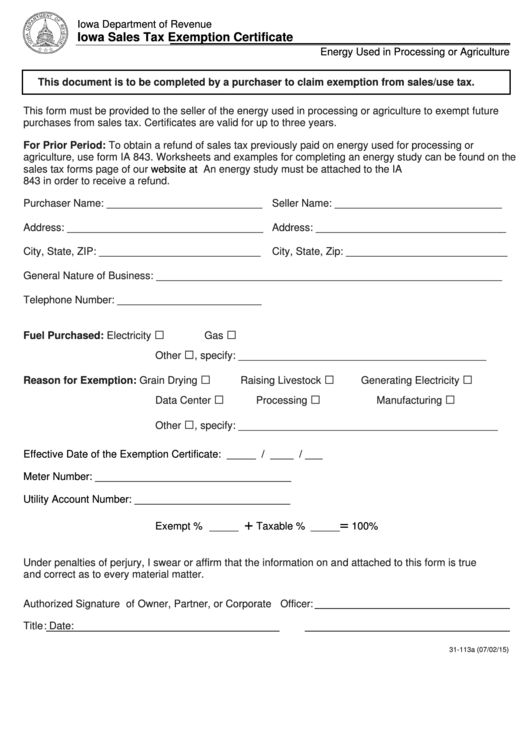 Iowa Sales Tax Exemption Certificate Form Printable pdf