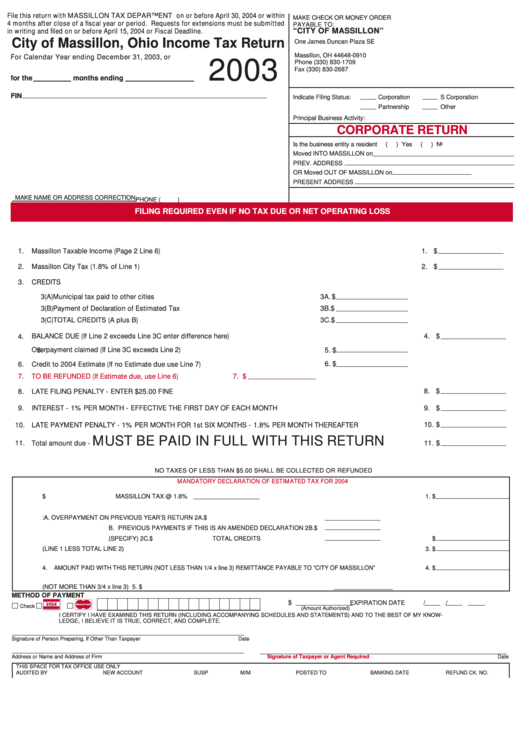 Income Tax Return Form - Massillon Tax Department - 2003 Printable pdf