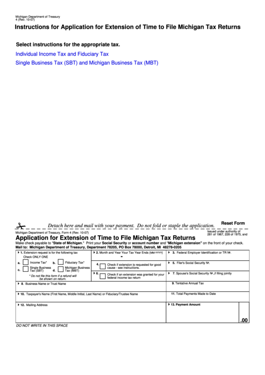 Form 4 - Application For Extension Of Time To File Michigan Tax Returns - 2007