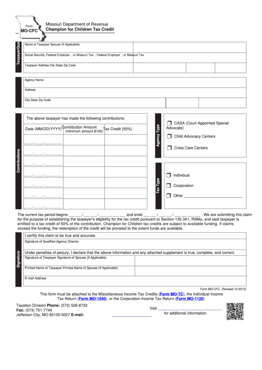 Fillable Form Mo-Cfc - Champion For Children Tax Credit Printable pdf