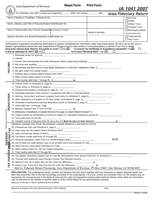 Fillable Form Ia 1041 - Iowa Fiduciary Return - 2007 Printable pdf