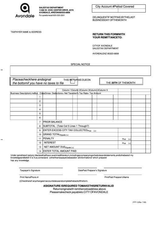 Fillable Form Tpt-1 - Tax Return - Sales Tax Department - Arizona - 2000 Printable pdf