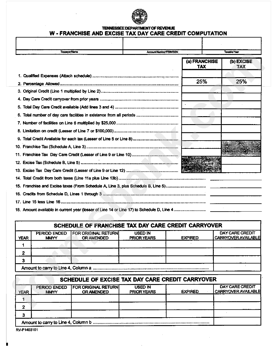 W-Franchise And Excise Tax Day Care Credit Computation Form