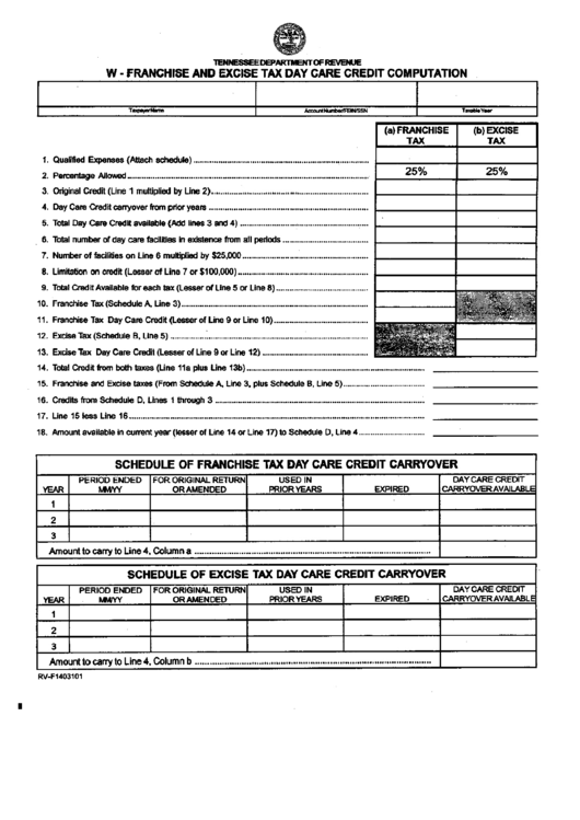 W-Franchise And Excise Tax Day Care Credit Computation Form Printable pdf