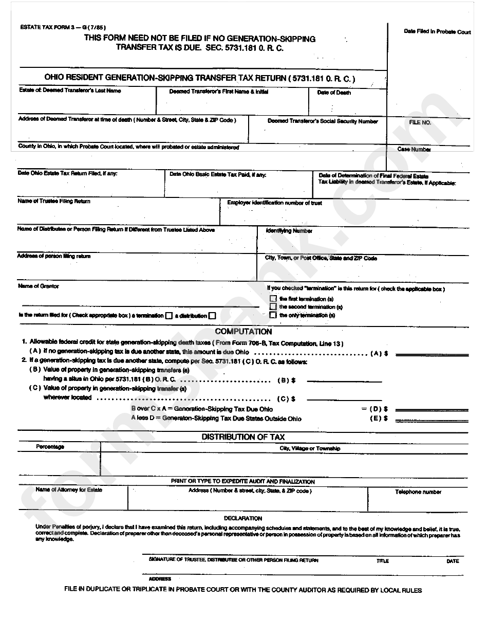 Form 3-G - Ohio Resident Generation-Skipping Transfer Tax Return