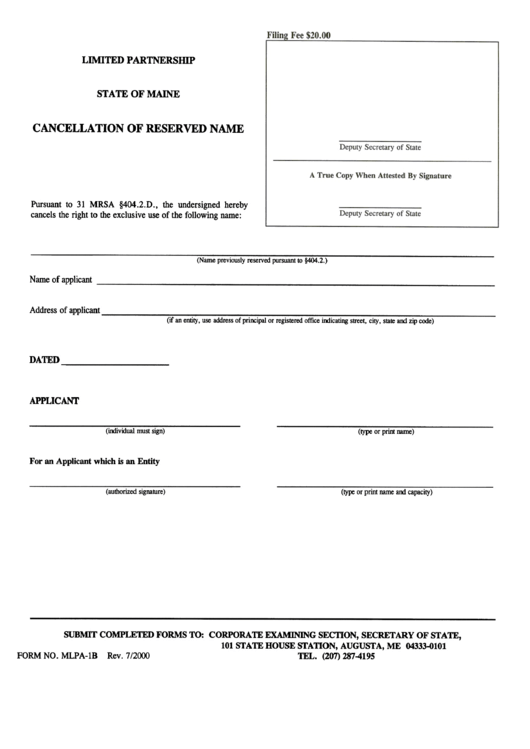 Form No. Mlpa-Ib - Cancellation Of Reserved Name July 2000 Printable pdf