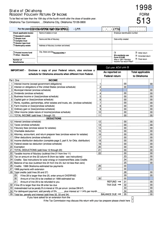 Fillable Form 513 - Resident Fiduciary Return Of Income - 1998 Printable pdf