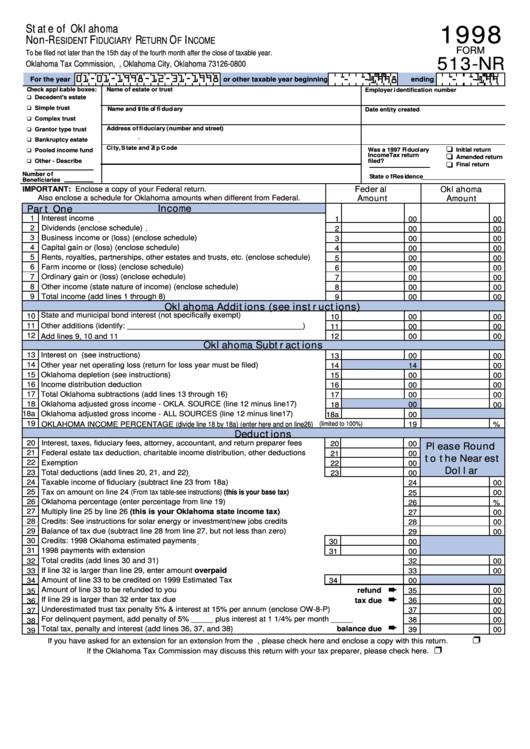 Fillable Form 513-Nr - Non-Resident Fiduciary Return Of Income - 1998 Printable pdf