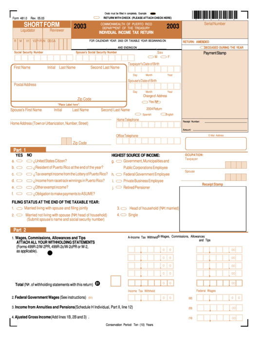 Form 481.0 - Individual Income Tax Return - 2003 Printable pdf