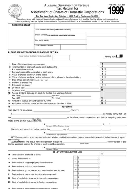 Form Fts-10c - Tax Return For Assessment Of Shares Of Domestic Corporations - 1999 Printable pdf