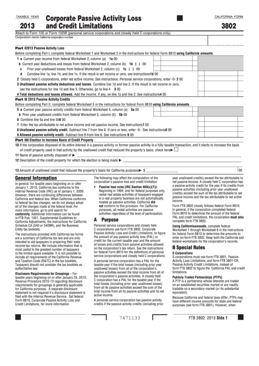 Fillable California Form 3802 - Corporate Passive Activity Loss And Credit Limitations - 2013 Printable pdf