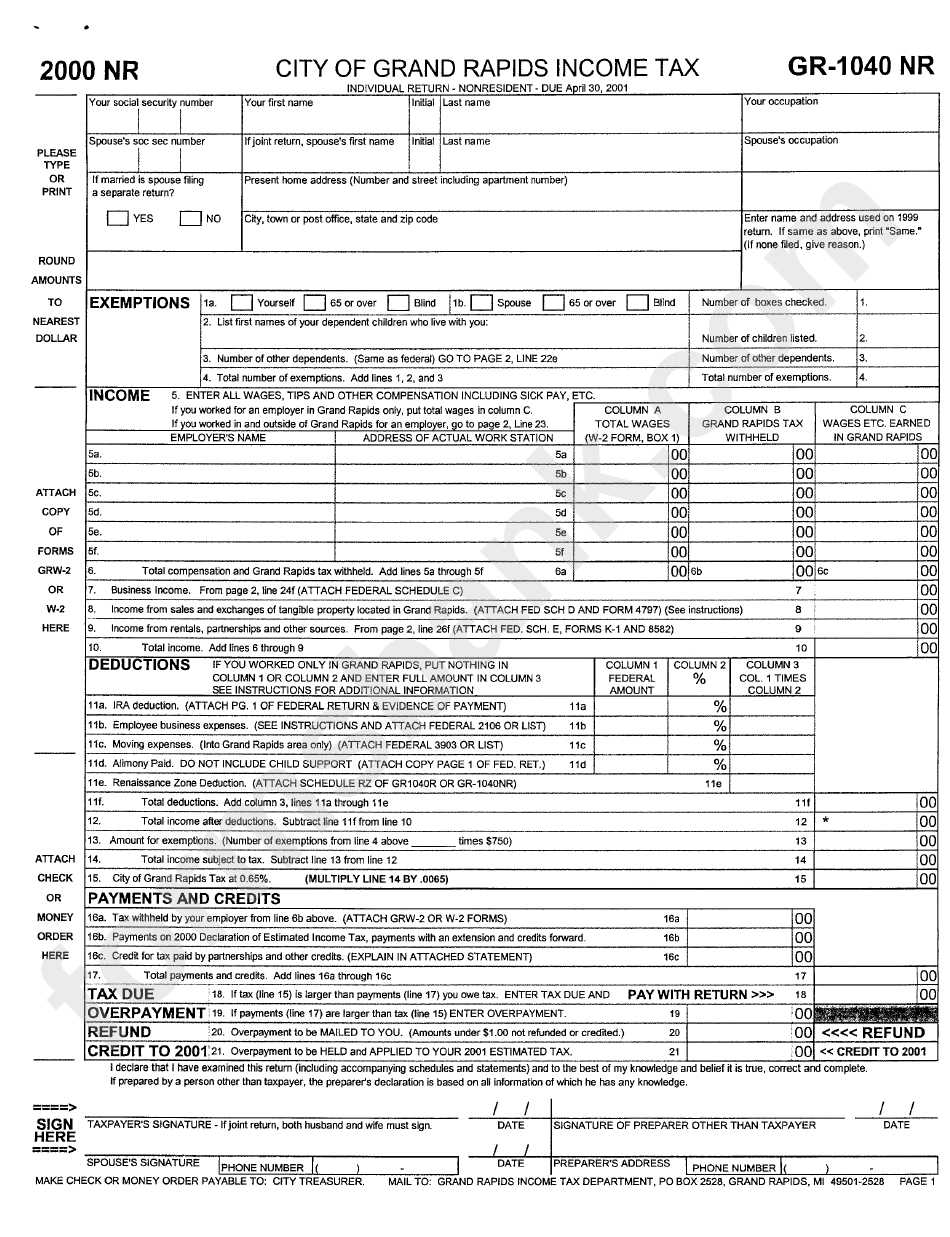 Form Gr-1040 Nr - City Of Grand Rapids Income Tax - 2000