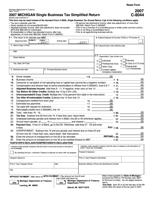 Fillable Form C-8044 - Michigan Single Business Tax Simplified Return - 2007 Printable pdf