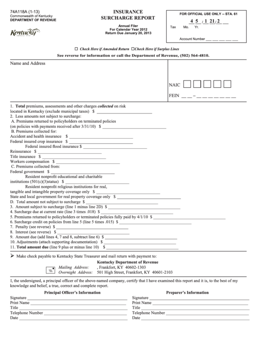 Form 74a118a - Insurance Surcharge Report - 2012 Printable pdf