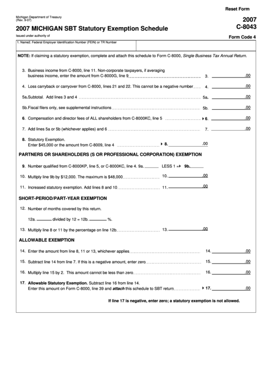 Fillable Form C-8043 - Sbt Statutory Exemption Schedule - 2007 Printable pdf