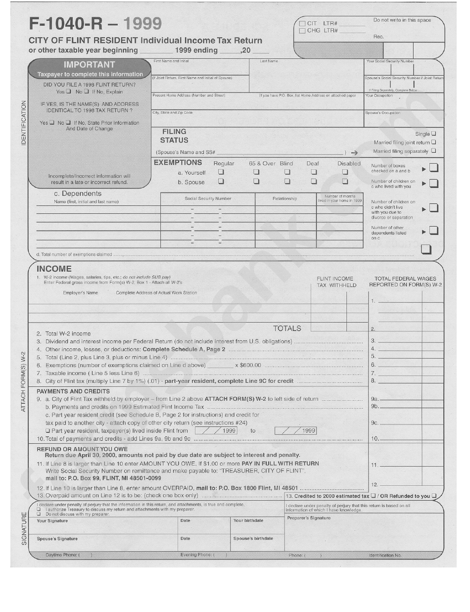 Form F-1040-R - City Of Flint Resident Individual Income Tax Return - 1999